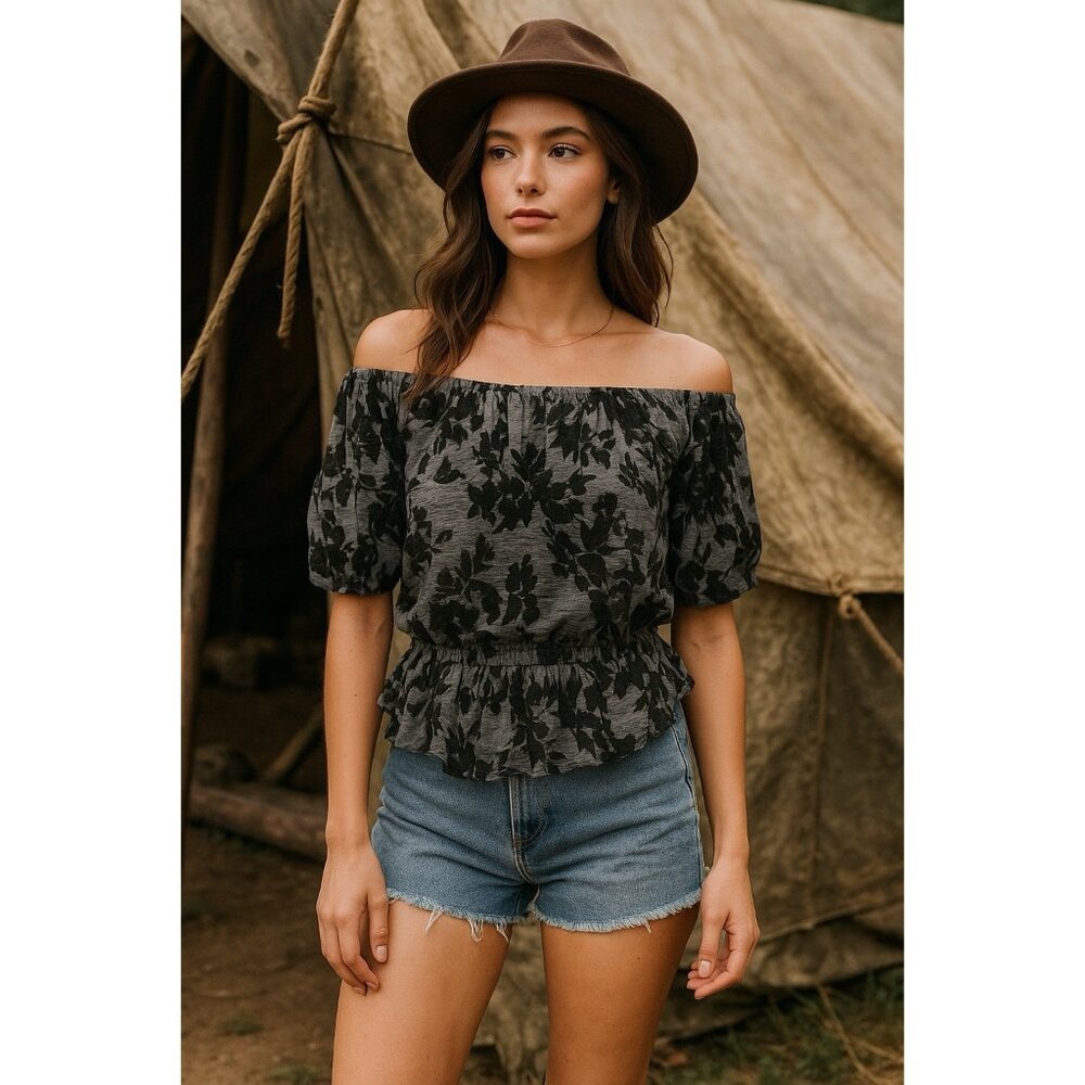Free People Off Shoulder Blouse Gray Black Floral Velvet Burnout Boho Peplum XS